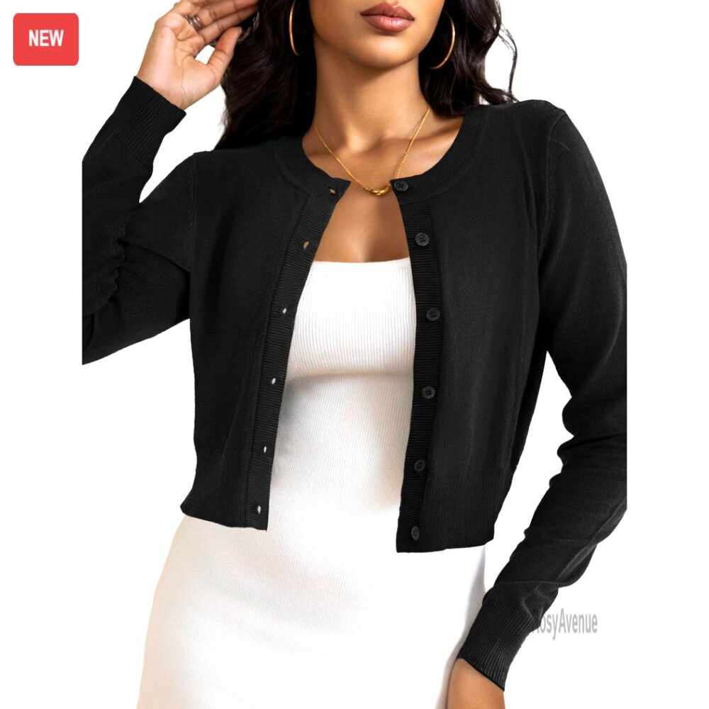 Cropped Cardigan Shrug Button Down Long Sleeve Knit Sweater XS-XL